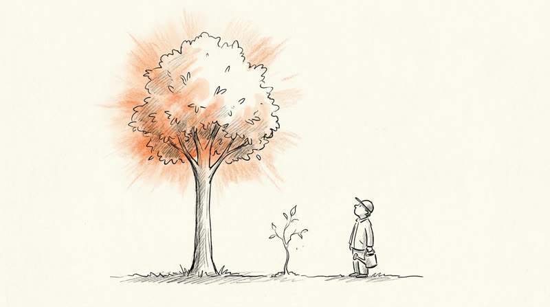Ilustración del artículo: el costo de esperar para invertir — dos árboles, uno frondoso y uno pequeño
