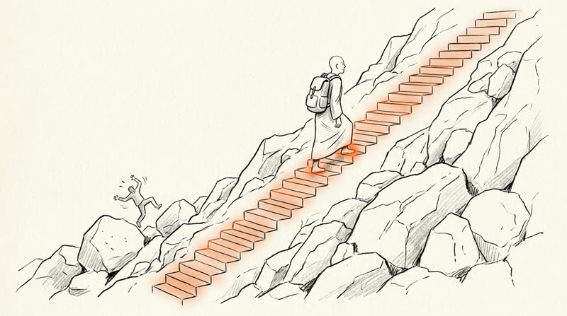 Ilustración del artículo: DCA — escalera de pasos regulares sobre una montaña irregular