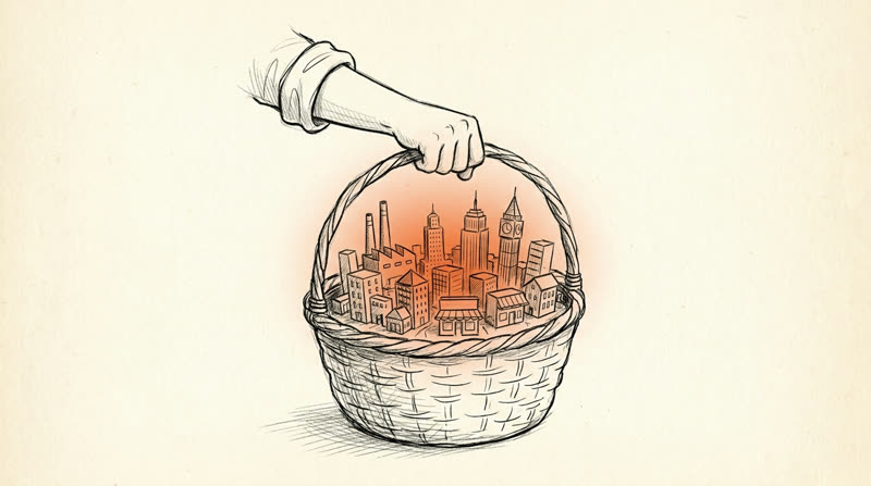 Ilustración del artículo: qué es un fondo indexado — canasta con muchas empresas dentro